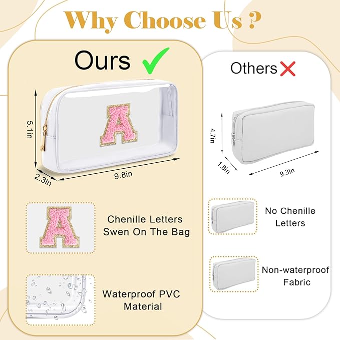 Personalized Initial Letter Clear Preppy Cosmetic Bag, Travel Toiletry Bag, Clear Nylon & PVC, Adult Female Women's Cosmetic Case