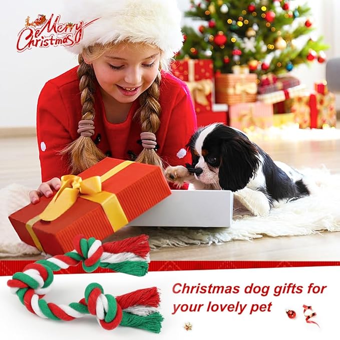 SZEE Dog Rope Toy, 14 in 3 Knots Christmas Dog Chew Toys for Medium and Small Dogs, Natural Cotton Pull Toy for Tug of War and Teeth Cleaning (Red & Green)