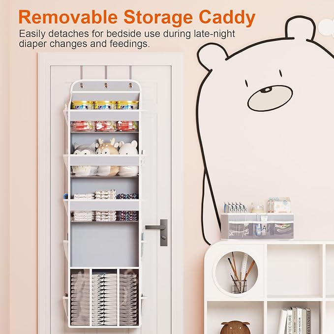 OneDream Over the Door Organizer for Nursery, 5-Tier Storage with Removable Caddy, Clear Pockets & Mesh Compartments, Ideal for Baby Essentials, Toiletries, Craft Supplies, Grey