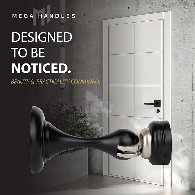 Mega Handles Magnetic Door Stopper, Scratch Free Magnetic Door Catch for Wall, Elegant Magnet Stopper for Floor or Wall - Matte Black (2 Pack)