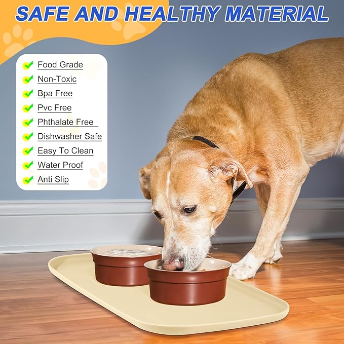 Silicone Pet Feeding Mat with Raised Edge for Food and Water, Dog Bowl Mats, Cat Bowls Placemat with High Lip for Floor Waterproof, Rubber Tray for Cats and Dogs 22 x 14 x 0.8 White Sand (Yellow Cast)