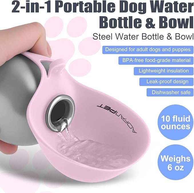 Portable Dog Water Bottle 10oz Stainless Steel Travel Dog Water Dispenser with Bowl No-Spill Puppy Water Bottle for Walking Hiking Small Dog Water Bottle, Includes Waste Bag Holder