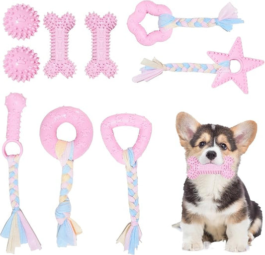 Puppy Toys, Puppy Teething Toys, 9 Pack Soft Durable Rubber Interactive Pink Puppy Chew Toys for Teething to Soothe Gums and Keep Busy, Cute Puppy Essentials (Pink)