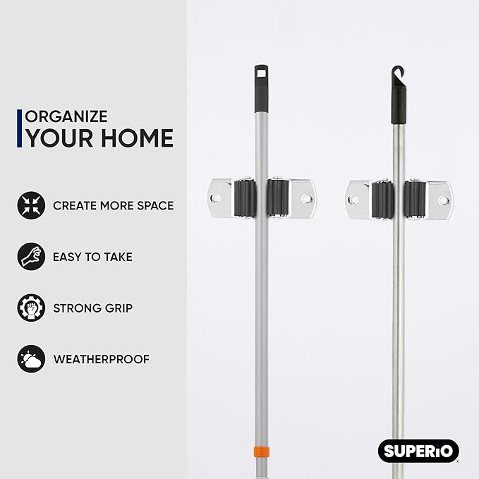 Superio Mop and Broom Holder, Set of 12 Single Piece Hooks, Stainless Steel Wall Mount Cleaning Storage Tool Organizer, Heavy-Duty Hook for Kitchen, and Office