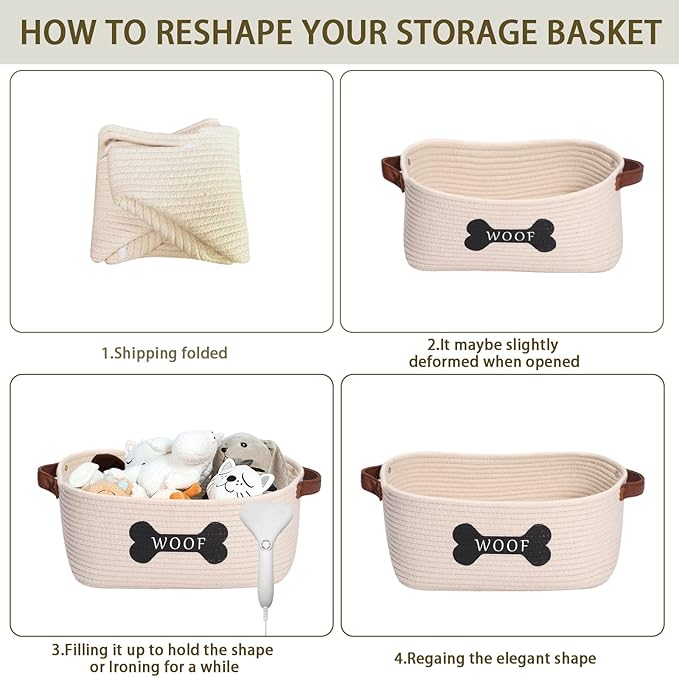Cotton Rope Dog Toy Storage Basket Medium, Dog Toy bin with Handle,Dog Stuff Organizer - Perfect for organizing pet Toys, Blankets, leashes, Pee mats and Diapers,Nursery Decor Basket-Beige