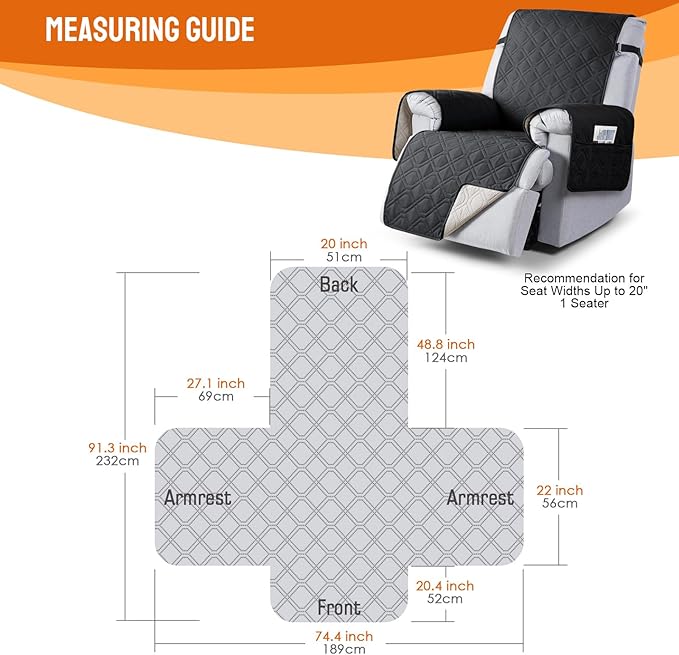 VANSOFY 100% Waterproof Recliner Chair Covers, Recliner Cover Non-Slip Dog Chair Cover Furniture Protector Washable Slipcover with Pocket, Elastic Straps for Pets, Dogs(Black, 20")