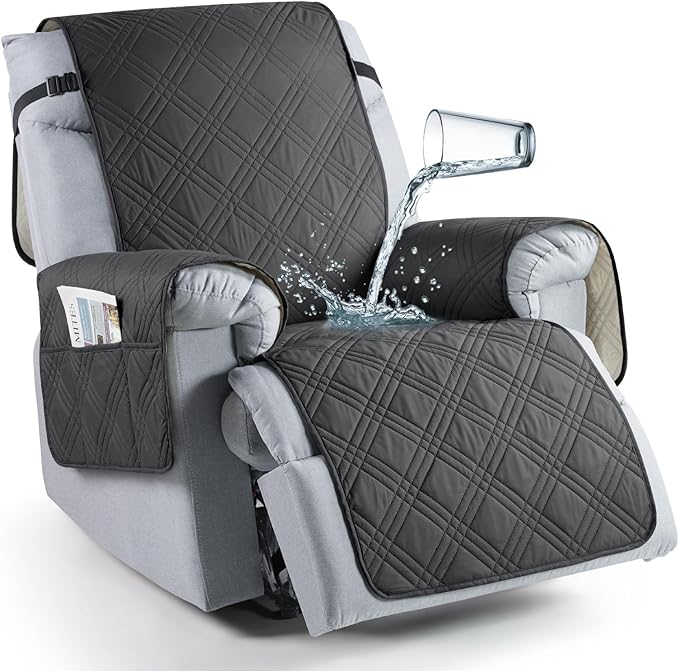 TAOCOCO 100% Waterproof Recliner Chair Covers, Non Slip Recliner Covers for Recliner Chair with Pocket, Washable Reclining Chair Cover Furniture Protector for Kids,Dogs(25'', Charcoal Gray)