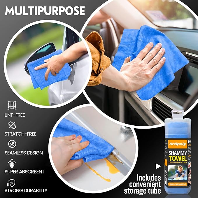 ARTIPOLY Premium Shammy Cloth for Car Drying (34”x25”)-Super Absorbent Chamois Towel for Car-Reusable Shammy Towel for Car, Bathroom,Pets, Dust Remove, No Spots/Streak/Scratch, Blue