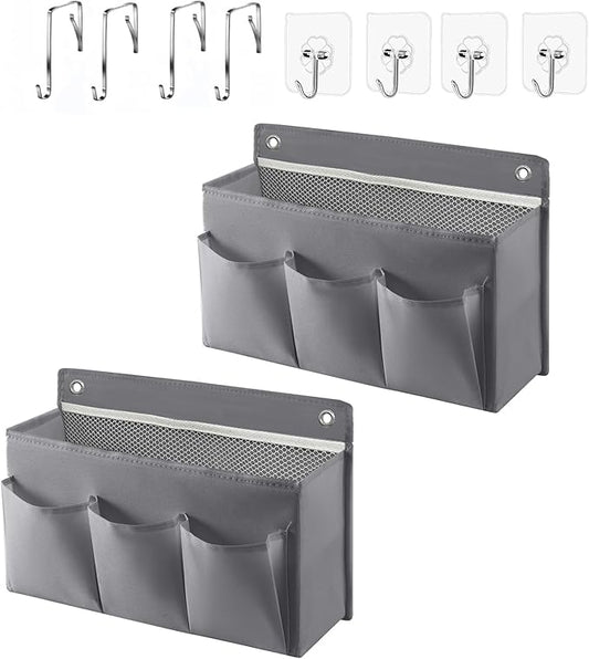 2-Pack Hanging Storage Baskets - Wall Organizer with 3 Pockets for Home/Dorm/Closet/Door, Multi-Purpose Space Saver for Office/Bathroom/Nursery - Foldable Fabric Organizer (Grey)