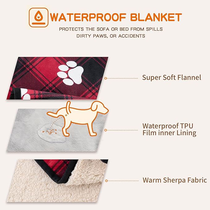 CAPT.SNOOZE Waterproof Dog Blankets Pet Blanket 50"x60", Soft Fluffy Sofa Car Bed Protector, Reversible Sherpa Fleece Dog Blanket for Large Dogs Christmas Decor(Paw Red)
