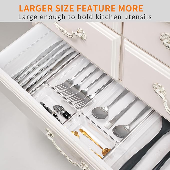 Criusia 21 Pack Large Clear Plastic Drawer Organizer Trays | BPA-Free Acrylic Organizer Bins for Large Kitchen Utensils, Bathroom, Makeup, Jewelries, Office Desk, School Supplies, Perfume