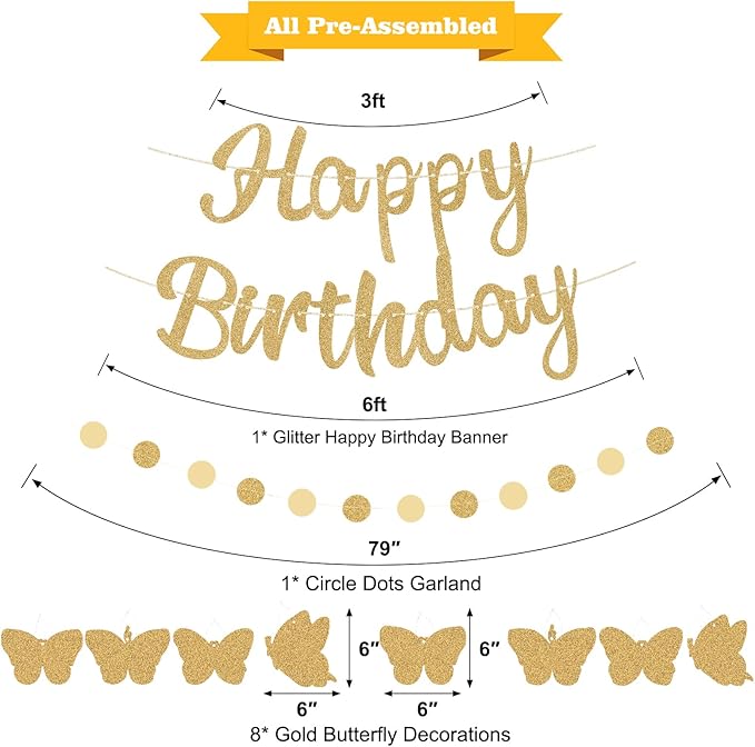 Pre-Strung Happy Birthday Banner, Gold Birthday Decorations with Butterflies and Circle Dot Garland, NO DIY Butterfly Party Decorations for Women Girls
