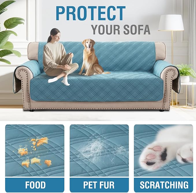 H.VERSAILTEX 100% Waterproof Sofa Covers for 3 Cushion Couch Modern Sofa Cover for Dogs XL Couch Covers for Oversized Sofa with Elastic Straps (Oversized Sofa, Smoke Blue/Beige)