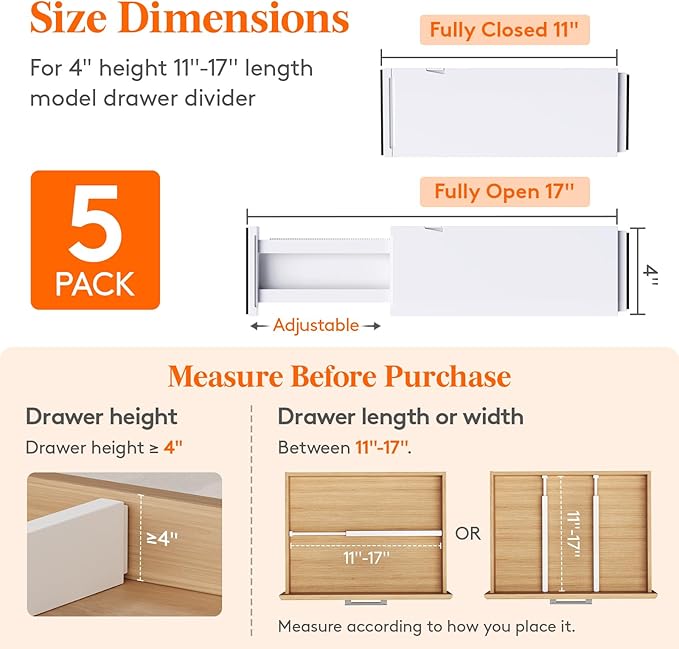 Lifewit 5 Pack Drawer Dividers 4" High, 11-17" Adjustable Dresser Drawer Organizers for Clothes, Expandable Drawer Separators in Kitchen/Bedroom/Bathroom/Vanity/Office Organization and Storage, White