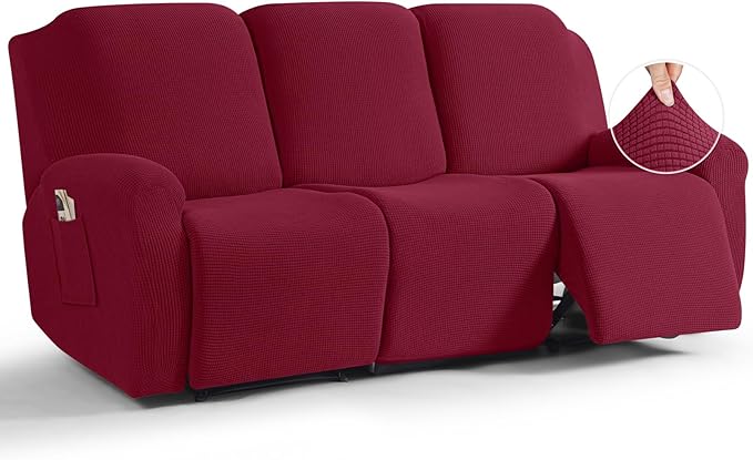 TAOCOCO Recliner Sofa Covers 8-Pieces Stretch Large Couch Covers for 3 Seats Reclining Slipcovers Soft Jacquard Pattern Furniture Protector (Burgundy)