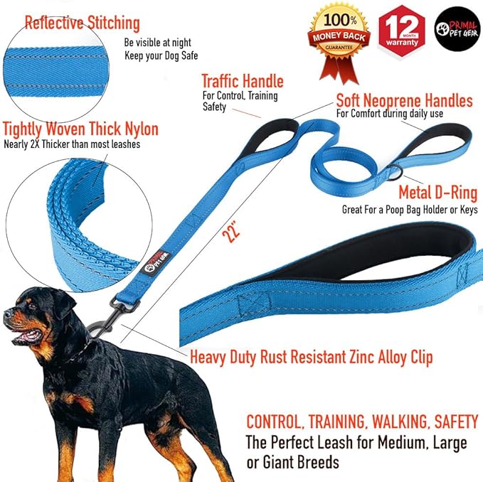 Primal Pet Gear Dog Leash 6ft Long,Traffic Padded Two Handle,Heavy Duty,Reflective Double Handles Lead for Control Safety Training,Leashes for Large Dogs or Medium Dogs,Dual Handles Leads(Blue)
