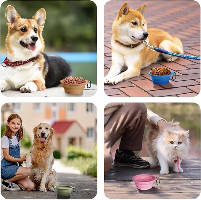 PetBonus 2-Pack Silicone Collapsible Dog Bowls, BPA Free Dishwasher Safe, Portable Foldable Expandable Travel Bowl, Food Water Feeding Cup Dish for Dogs Cats with 2 Carabiners （Grey, Chalk Pink）