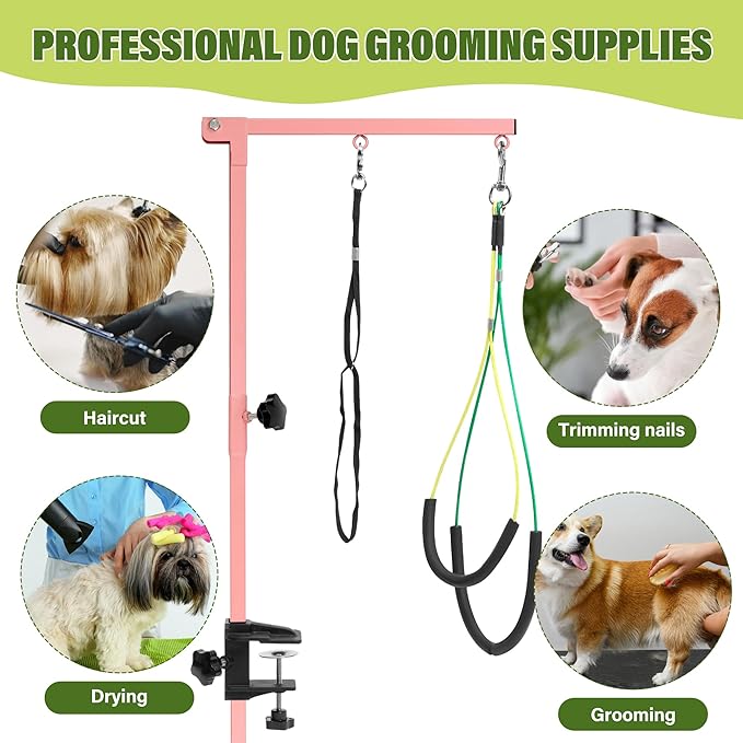 Dog Grooming Arm with Pet Grooming Hammock, 35" Pet Grooming Table Arm with Adjustable No Sit Haunch Holders, Dog Grooming Stand with Loop Noose for Small and Medium Pets, Pink