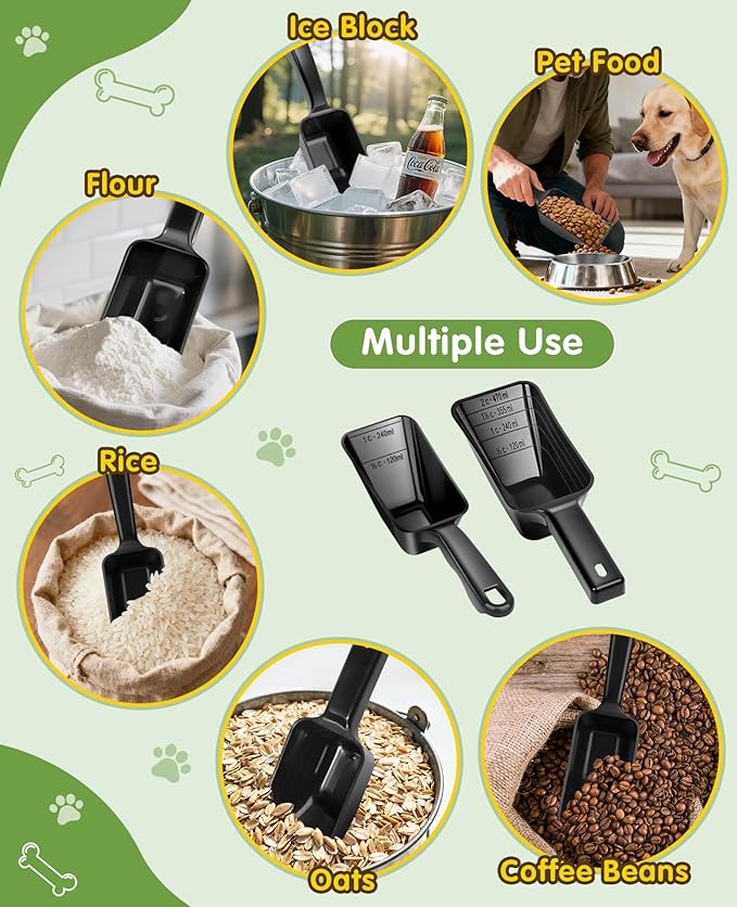GNEOCO 2 Pack Dog Food Scoop with 1 Cup and 2 Cup Capacity, Plastic Pet Food Measuring Scoops with Clear Measurement Lines for Dogs, Cats & More,Dishwasher safe (Black)