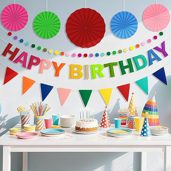 Pre-Strung 3D Felt Happy Birthday Banner, Reusable Rainbow Birthday Party Decorations for Kids Adults, Happy birthday Sign with Felt Ball Garland, Pennant Flag, Hanging Paper Fans