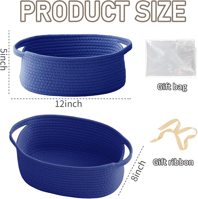 JMvicyroam Woven Basket,Small Rope Storage Bin with Handles & Ribbon Bag, Organizer for Shelves Closets,Gift Basket Empty for Birthday,Books,Dog Toys, Navy Blue