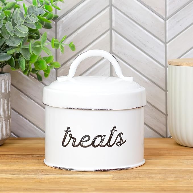 AuldHome Enamelware Cat Treat Container, Small White Rustic Pet Treats Jar