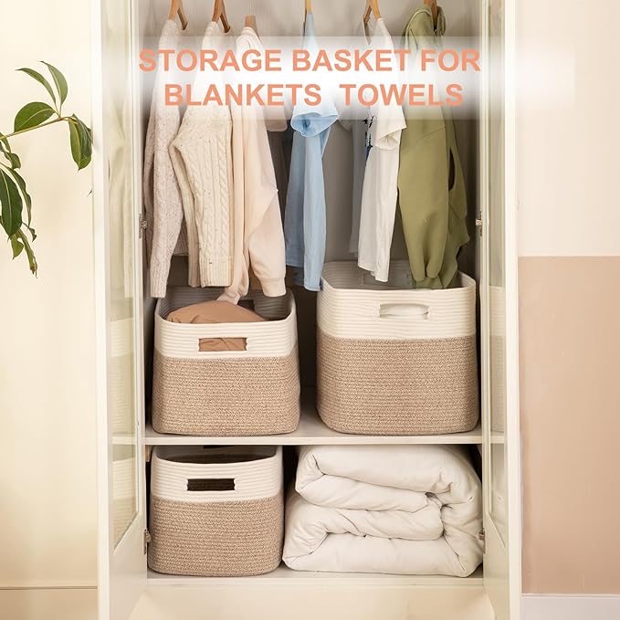 SIXDOVE Extra Large Blanket Basket, Toy Basket Bin for Kids, Cotton Rope Woven Storage Basket for Living Room, Nursery, Baby Room Decorative Organizer, 24''×16''×15'', Brown & White