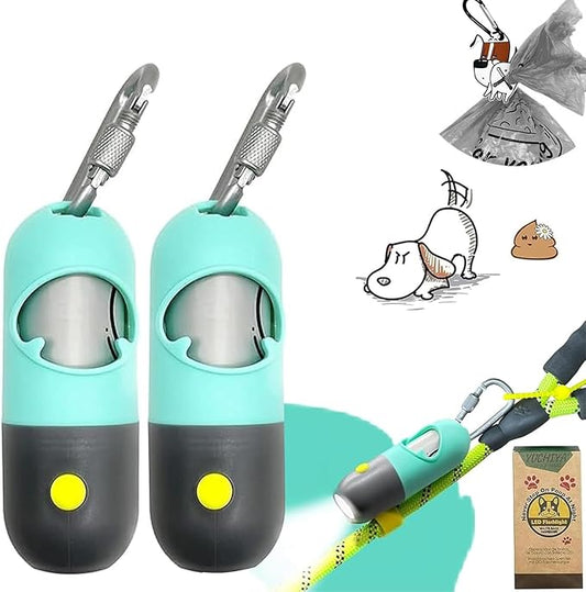 Dog Poop Waste Bags Holder with LED Flashlight|Cute Doggie Poo Bags Dispenser for Pet Leash|Trash Waste Bags Carrier with Potty Bags Clip Fastener LR44 Button Cells Included(2 Pack) (Mint Green)