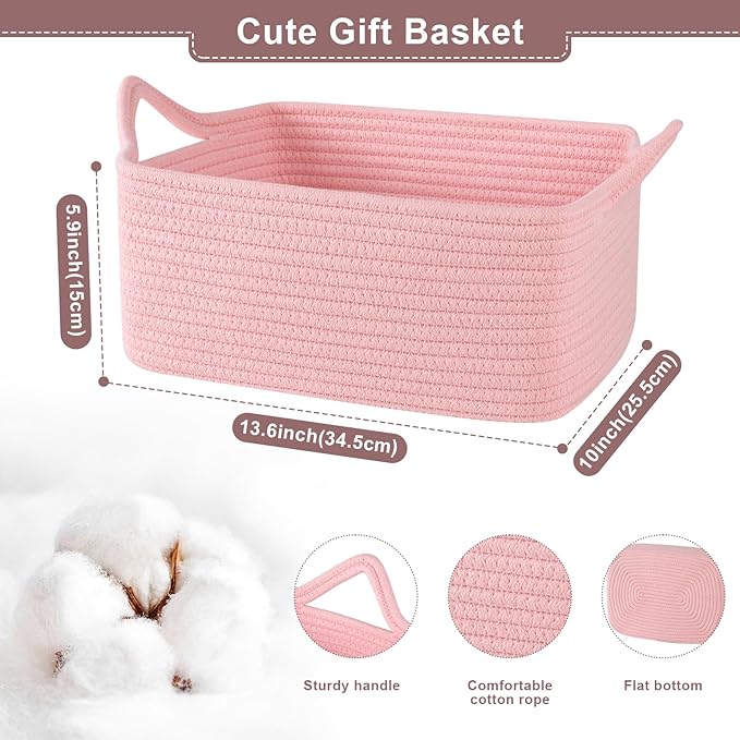 OIASKET Basket for Gifts Empty, Woven Storage Basket with Gift Bag, Ribbon and Wrap Tissue Paper, Small Rope Toy Storage with Handles for Baby Shower, Dog Toy Organizer, 13.6" x 10" x 5.9”, Pink