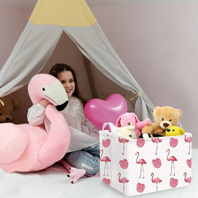 FXOCSHE Flamingo Pink basket,Baby Girl Basket,Collapsible canvas waterproof storage container for kids,Nursery hamper,Toy Organizer,Girls Room decor(Pink flamingos)