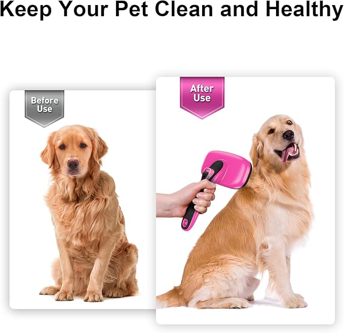 Self Cleaning Slicker Brush for Dogs and Cats - Skin Friendly Shedding & Grooming Tool for Long and Short Haired Pets,Easy Clean Retractable Bristles, Pink