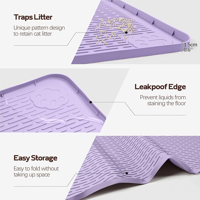 Bartuke Cat Litter Mat, XXL Extra Large 50" x 35" Silicone Mat Litter Trapping Mat for Scatter Control, Soft on Kitty Paws, Easy to Clean (Purple)