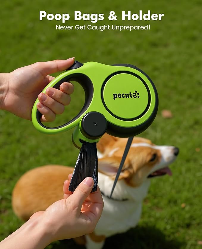 16ft Retractable Dog Leash with 18'' Chew Proof Steel Cable for Power Chewers & Pullers, Heavy Duty Locking for Medium/Large Dogs 33lbs-110lbs, Anti-Tangle & Poop Bag Holder Included(Green)