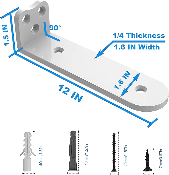 Eurydice Heavy Duty Floating Shelf Brackets, 1/4 inch Thick L Bracket, (12 In 6 Pack White), Holds 200 lb, Rounded Arc Edge, One-Piece, 3 Hole Mounting For Wood Shelves in Kitchen, Garage, Office, DIY