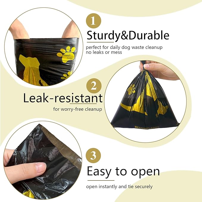 Bone-Shaped Dog Poop Bag Holder for Leash |Dispenser with 15 Leak-Resistant Waste Bags & Carabiner Clip(Black)