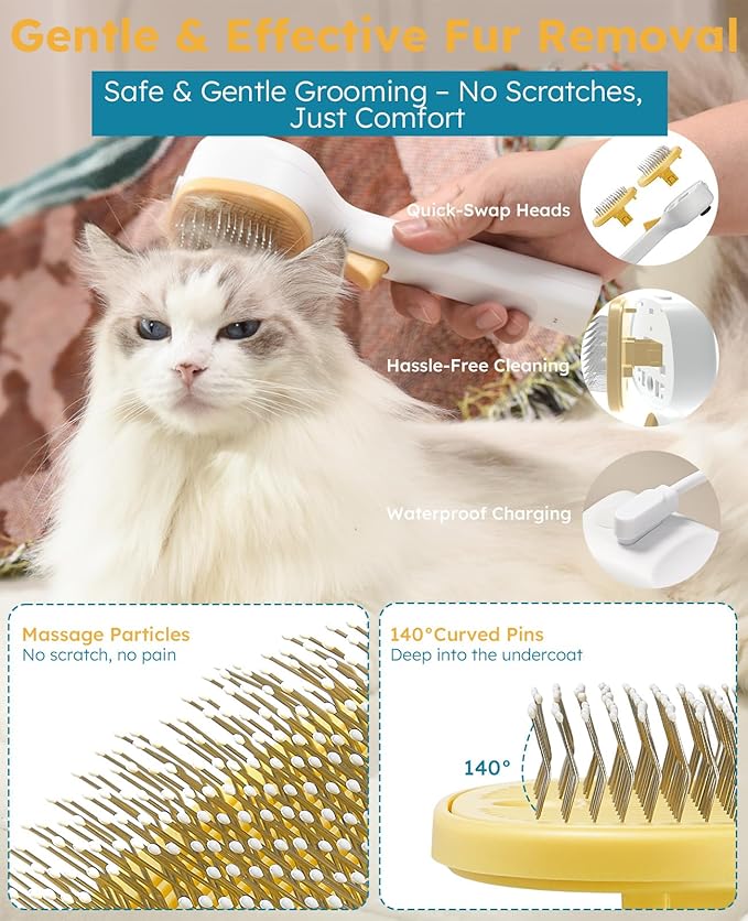 3-in-1 Anti-static Cat Steam Brush & Deshedding Tool - Cat Brush for Long/Short Hair, Reduces 95% Shedding, Easy Clean Grooming Supplies for Pet Owners (Yellow - Long Head)