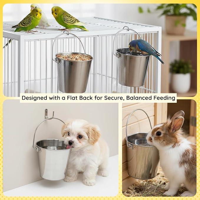 AASPIRE PETS Flat Sided Stainless Steel Bucket, 1 Quart (0.25 Gallon) Hanging Feeding Pail for Small Pet Dogs Cats Birds, Fits Kennels Cages Compatible, Heavy Duty Food & Water Feed, 5" Silver Buckets