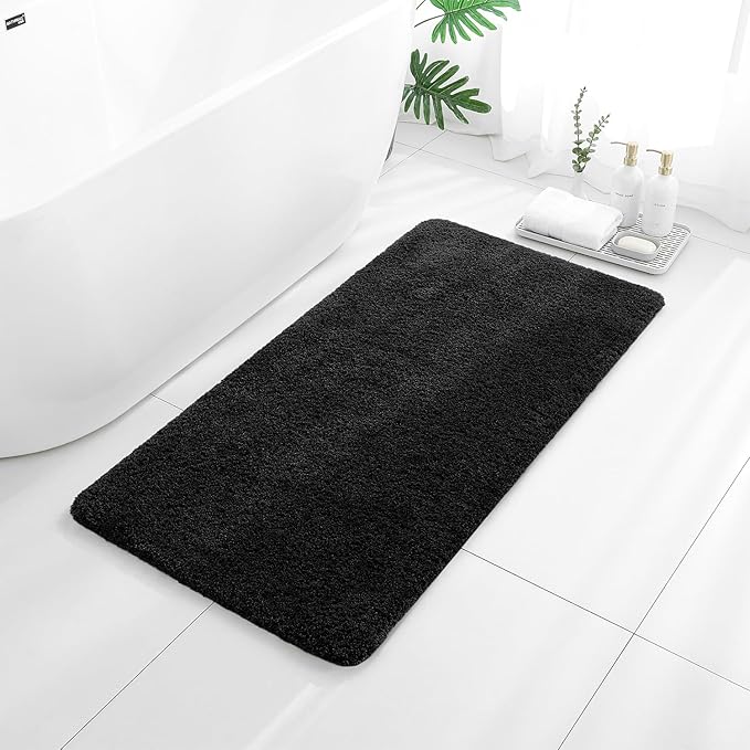 Black Bathroom Rug 24"x48" – Long Plush Non-Slip Bath Mat, Absorbent & Washable Microfiber Runner Rug – Perfect for Tub, Sink, or Washroom