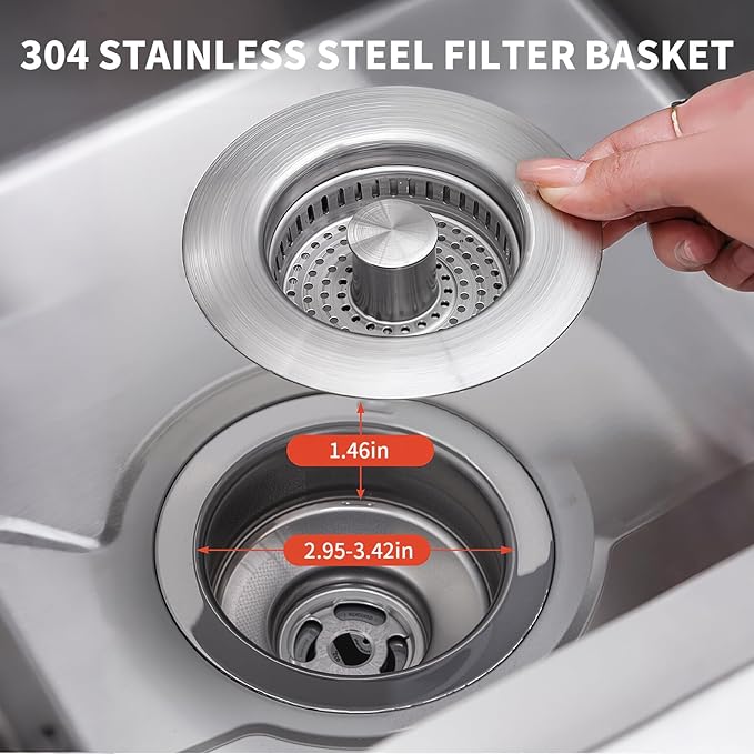 3-in-1 Kitchen Sink Drain Strainer Stopper – 304 Stainless Steel Pop Up Sink Plug with Filter Basket, Anti-Clog Design, Fits 3-1/2” US Standard Kitchen Sink Drains