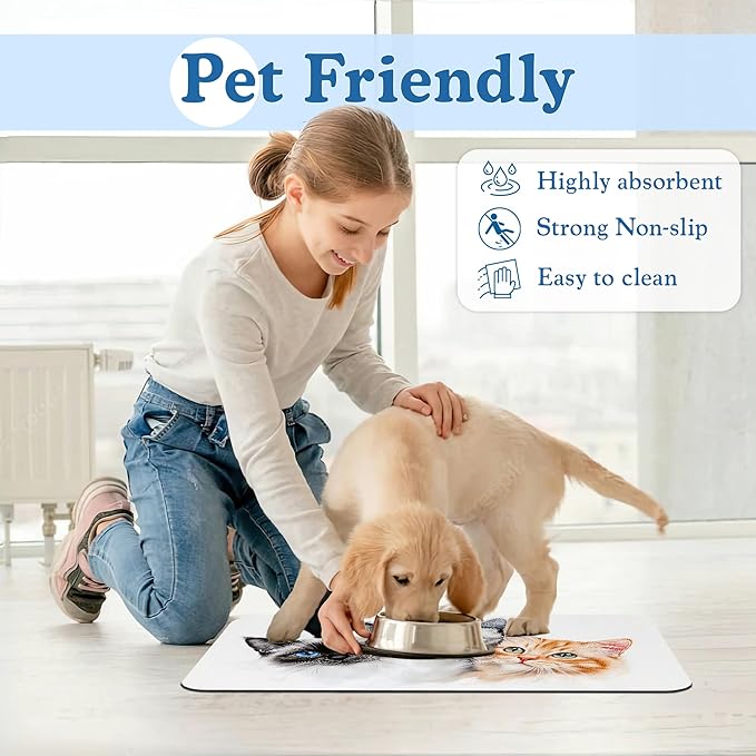Cute Cats Pet Food Mat for Cats and Dogs–Absorbent Quick Dry Feeding Placemat, Non Slip Rubber Base, Waterproof Bowl Mat for Indoor Use, Pet Supplies 16"x24"