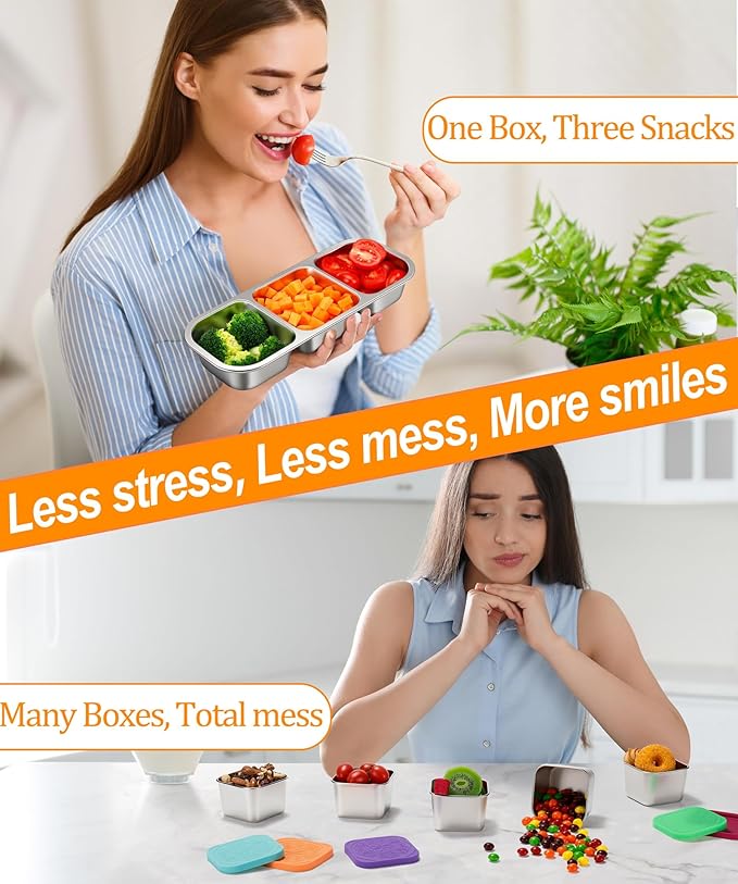 KTKUDY 5 Pack Stainless Steel Snack Containers for Kids & Adults - Leak-Proof 3-Compartment Stackable Snack Lunch Boxes for School, Work & Travel