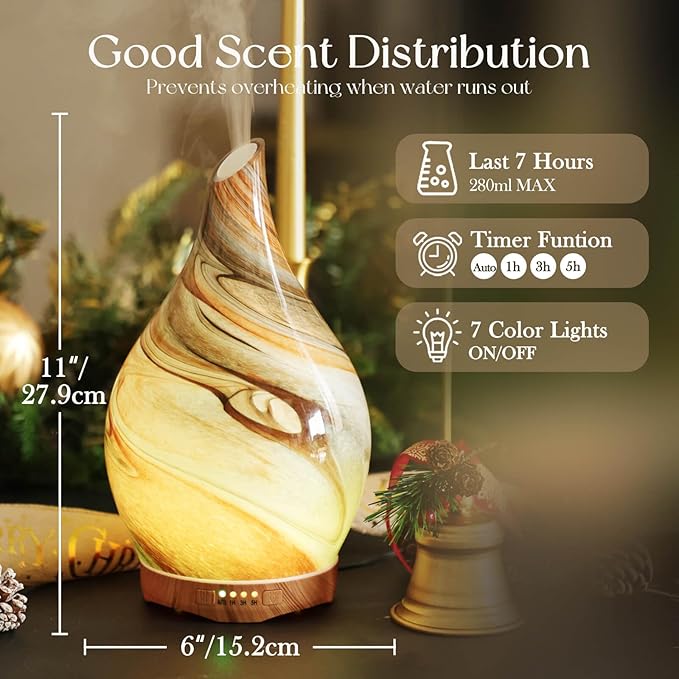 Porseme 280ml Glass Essential Oil Diffuser Aromatherapy Ultrasonic Cool Mist Humidifier 7 Running Hours Waterless Auto-Off Air Diffusers for Sleeping, Yoga, Office Working, Spa and Rest (Deep Desert)