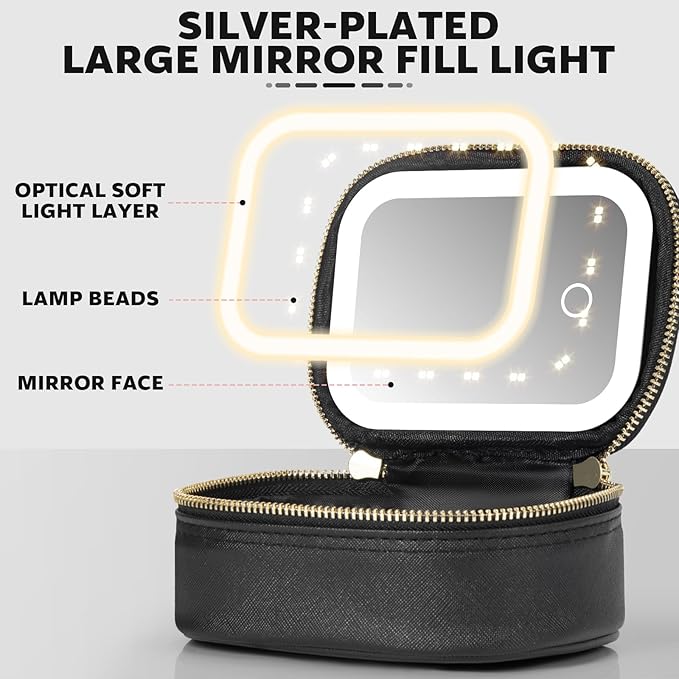 Mini Makeup Bag with Led Mirror, Small Travel Make up Bag 3 Light Modes Adjustable Brightness, for Women Organizer Cosmetic Bag, Portable Travel Train Toiletry Bag, for Pool Parties Work Touch-Ups