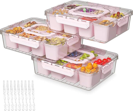 REBECAT Divided Serving Tray with Lid and Handles 8 Compartments Snack Box Container Charcuterie Organizer Snackle Box Container for Candy,Nuts，Fruits,Snacks,3 Pack,Pink