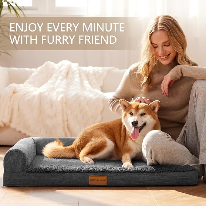 Patas Lague Orthopedic Dog Bed Large Sized Dog 36''X24'', Waterproof L Bolster Medium Pet Sofa Beds with Removable Washable Cover, Soft Pet Couch Crate Mat with Nonskid Bottom, Dark Grey
