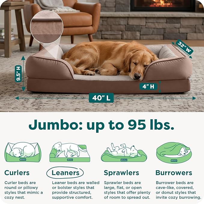 Furhaven Cooling Gel Dog Bed for Large Dogs w/ Removable Bolsters & Washable Cover, For Dogs Up to 95 lbs - Plush & Velvet Waves Perfect Comfort Sofa - Brownstone, Jumbo/XL