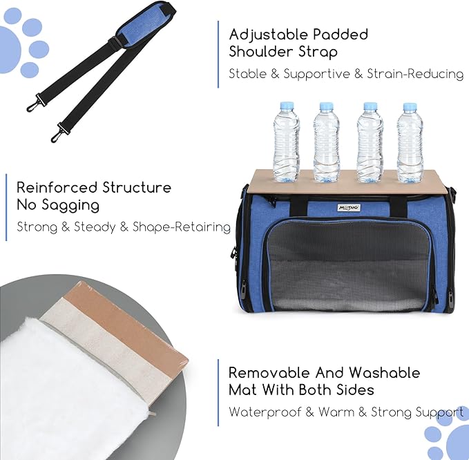 Pet Carrier for Cats & Small Dogs, Travel Carrier with Anti-Collapse Support, Chew Resistant Buckles, Luggage Sleeve, Multi-Pocket Storage, Reversible Mat & Bowl (Blue, Medium (17.5"x11"x11.5"))