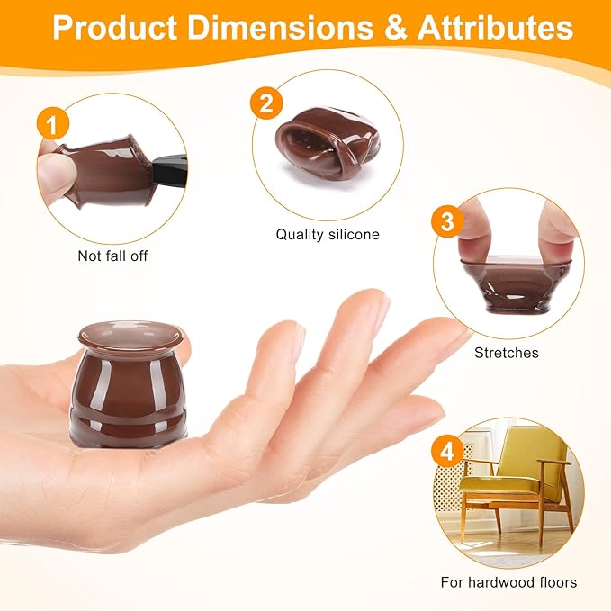 CHUNZEXI 24 Pack Chair Leg Floor Protectors for Hardwood Floors, Silicone Felt Covers Pads Caps, Protect Wood Furniture Feet Floors Noise Reduce and Scratch (Universal Large & Brown)