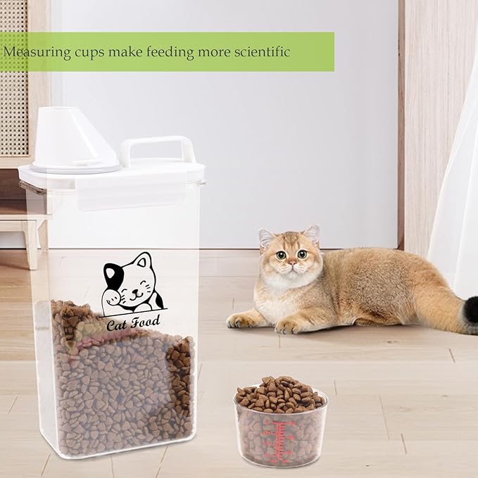 Brabtod Cat Food Storage Container Small |3lb/2.5 L Clear Plastic Cat Food Treats Container Airtight with Measuring Cup|Portable Pet Food Containers Ideal for Travel| Easy Pour|BPA Free