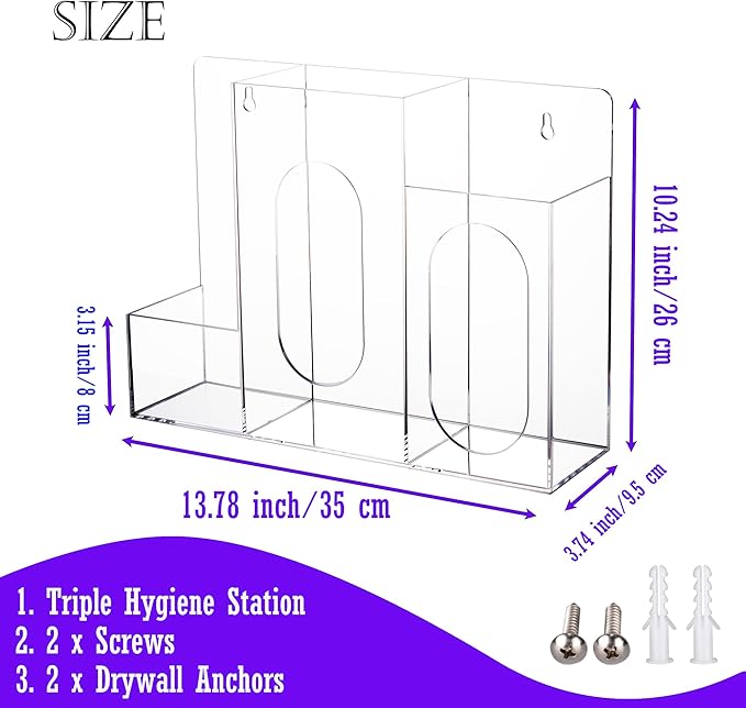 Aphbrada Acrylic Hygiene Dispenser Station with 3 Compartments - Triple Sanitation Station Holder Dispenser for Face Masks, Gloves Box, Hand Sanitizer, Hairnets, Tissues- Wall Mount or Tabletop